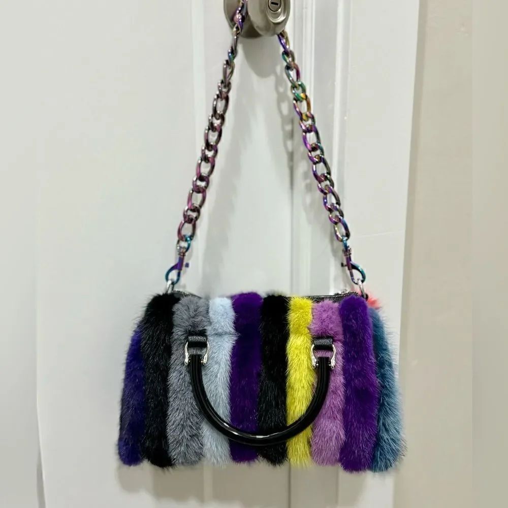 Multi Way Use Handmade Color-block Real Mink Fur Top Handles Satchel/Crossbody - Picture 1 of 16